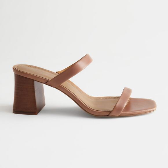& Other Stories Shoes - & Other Stories Duo Strap Leather Block Heeled Sandals Heels Shoes Tan Brown 9.5